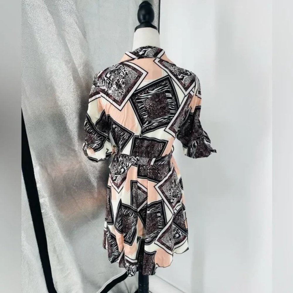 Leopard Print Abstract Print Long Roll Tab Sleeve Loose Fit Mini Shirt Dress - Picture 12 of 13